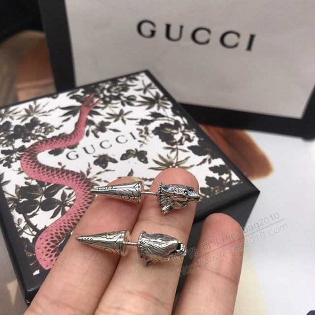 GUCCi飾品 古馳925鍍黑狼頭前後款 男女生時尚耳釘 Gucci情侶款耳飾  zgbq1057